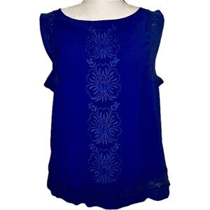 Naked Zebra Royal Blue Top W/ Embroidery & Lace Details, Key Hole Closure, Large